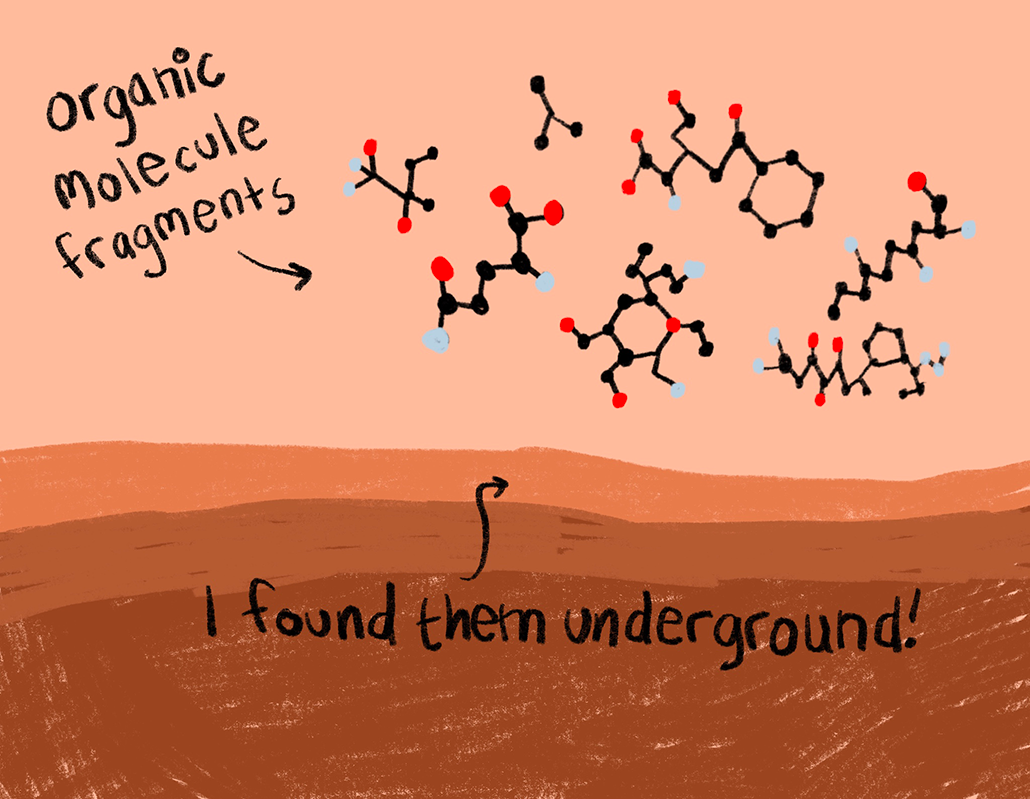 a hand drawn illustration of Martian soil and a red sky. Various organic molecule fragments are displayed above the surface. An arrow points at the first few centimeters of surface and reads "I found them underground!"