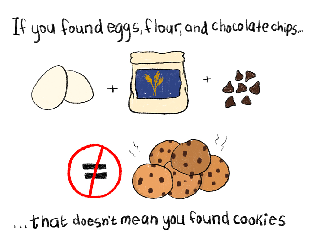 Text on image reads "If you found eggs, flour, and chocolate chips... that doesn't mean you found cookies" Between the two lines of text is a hand-drawn illustration showing Eggs + Flour + Choclate chips ≠ Cookies