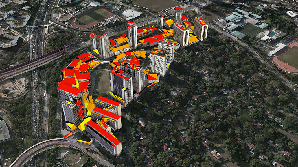 a map showing a neighborhood in Singapore with high rise buildings, the rooftops are color-coded to show which spots would be best for solar panels.