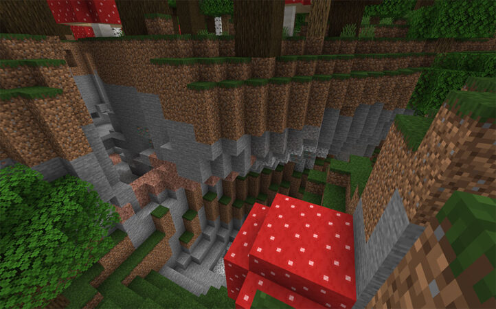 a screenshot of a canyon in Minecraft, looking down, there is a mushroom tree at the bottom of the picture