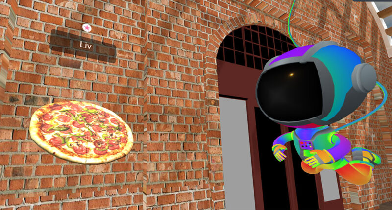 a screencapture of a floating pizza named "Liv" next to a floating roainbow astronaut in a virtual setting