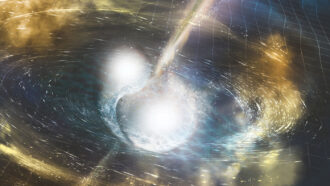 an illustration shows bright white neutron stars merging, with bright jets erupting from either side and spacetime swirling around them