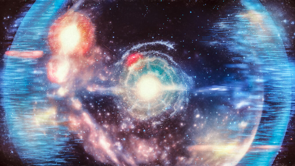 an artists idea of what the big bang might have looked like with rings of matter and gas bursting out from a center against a speckled background