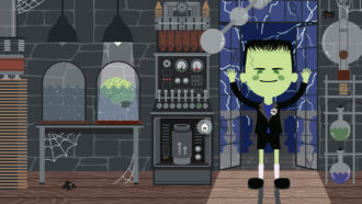 a cartoon frankenstein monster stands in a moonlit mad science lab