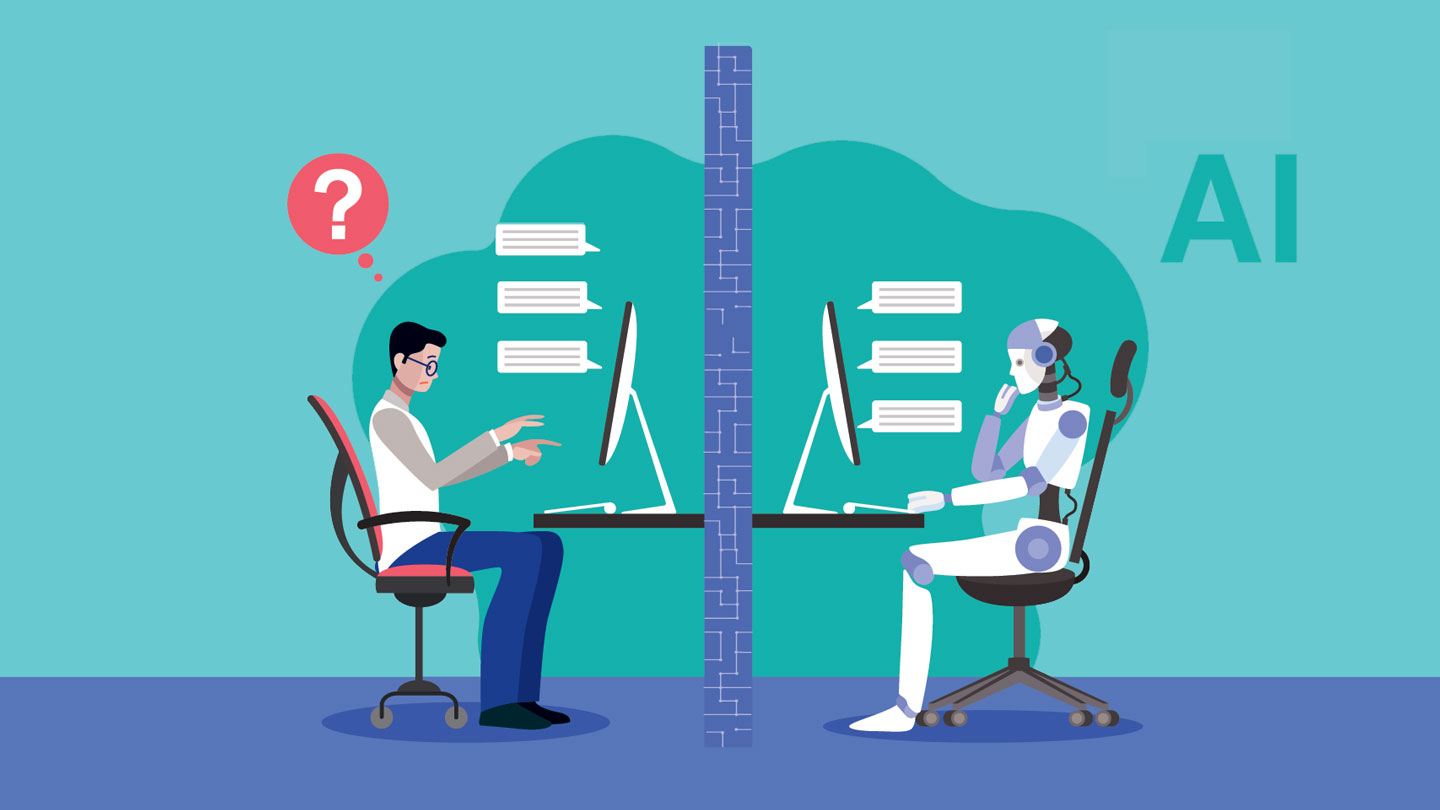 an illustration of a person sitting at a computer wondering if the person they are interacting with on the other side of the wall is a human or an AI (it's an AI)