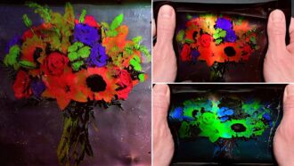 a composite image showing a colorful vase of flowers on the left. On the right is a picture of the material stretched and not stretched. When stretched the hues shift to green and blue from red and orange.