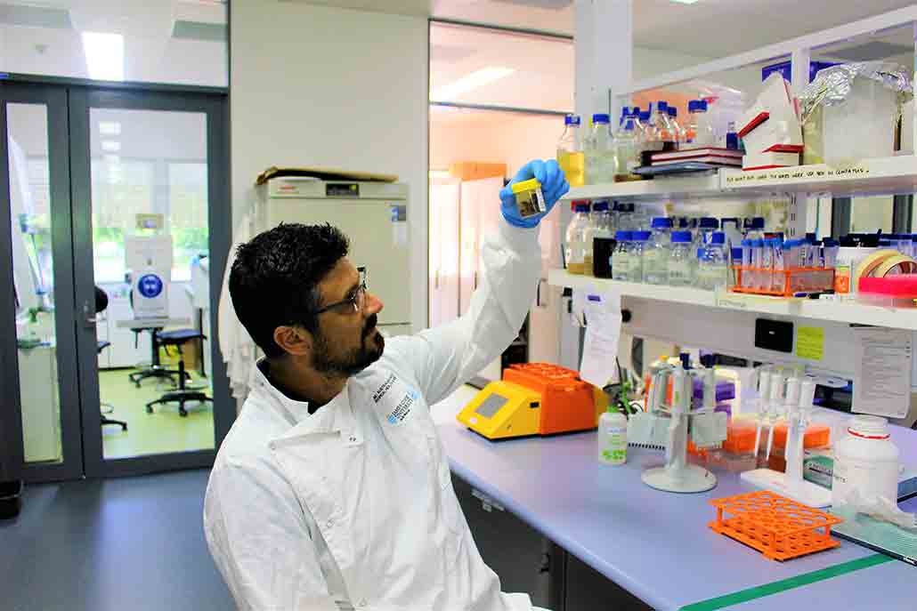 a photo of a bearded man with spiky hair in a white lab coat examining a vial of snails