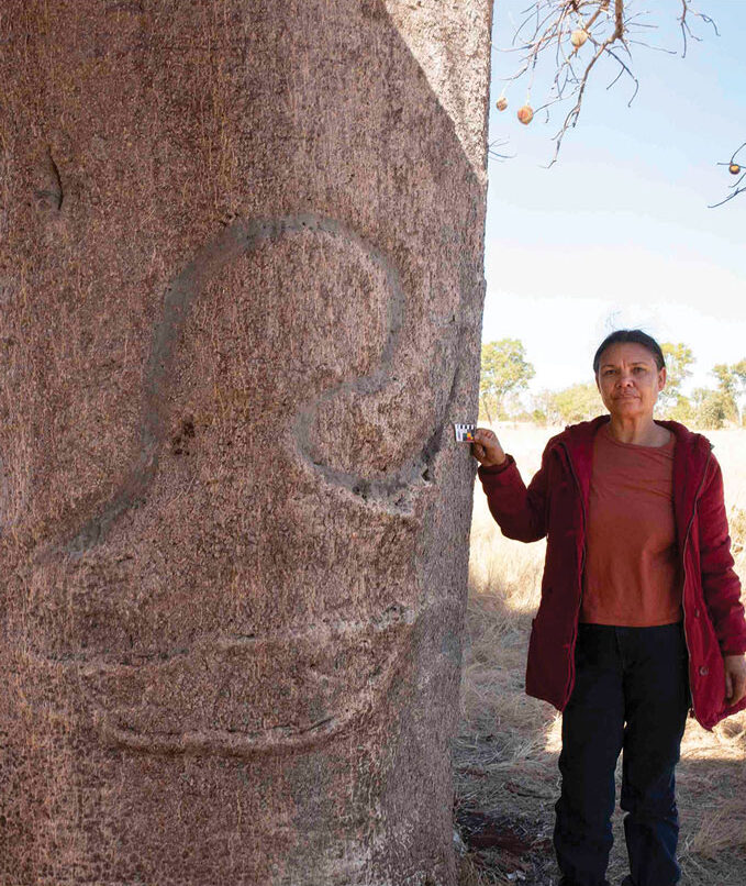 A photo of Brenda Garstone as she stands next to a boab tree snake engraving