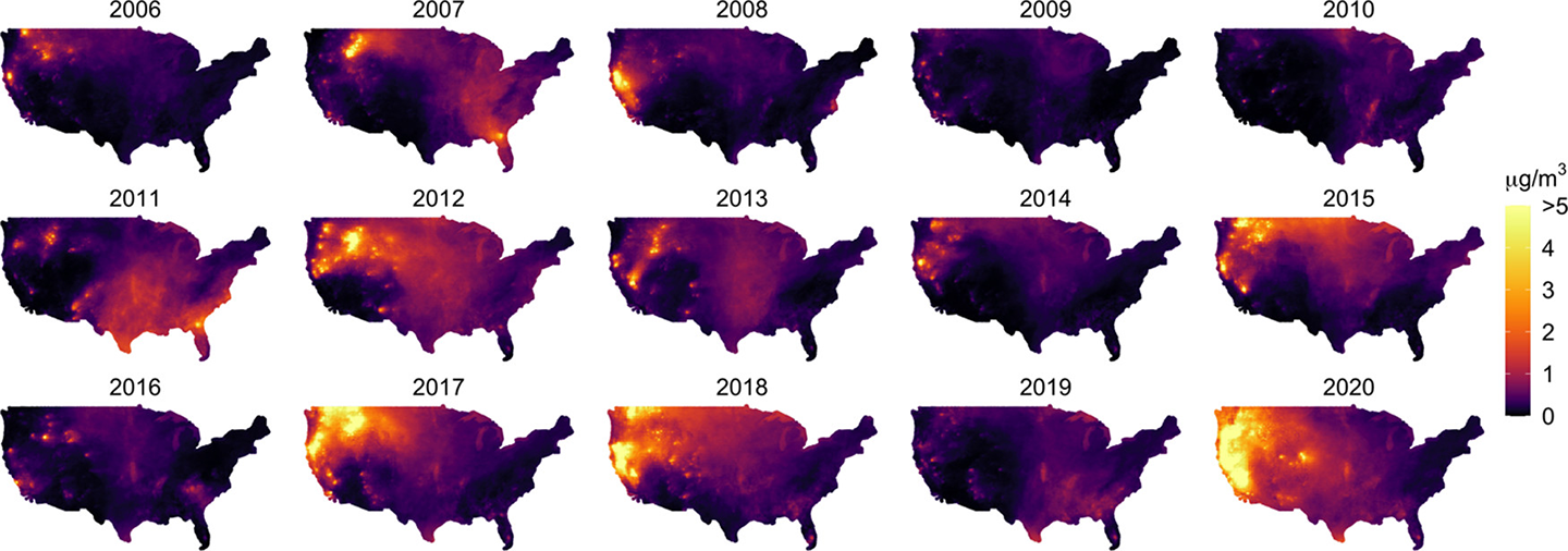 a series of heat maps of America showing daiuly smoke particulate concentrations from 2006 to 2020