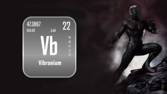 a composite image showing the fictitious periodic table box for vibranium and the Black Panther