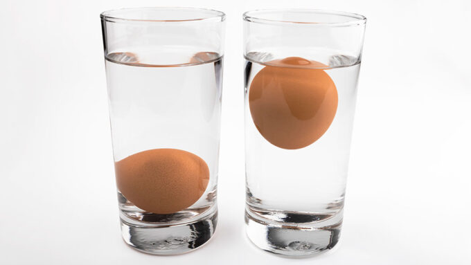 two glasses of water with an egg in each one, the egg on the left sunk to the bottom of the glass, the egg on the right is floating near the top of the water in the glass
