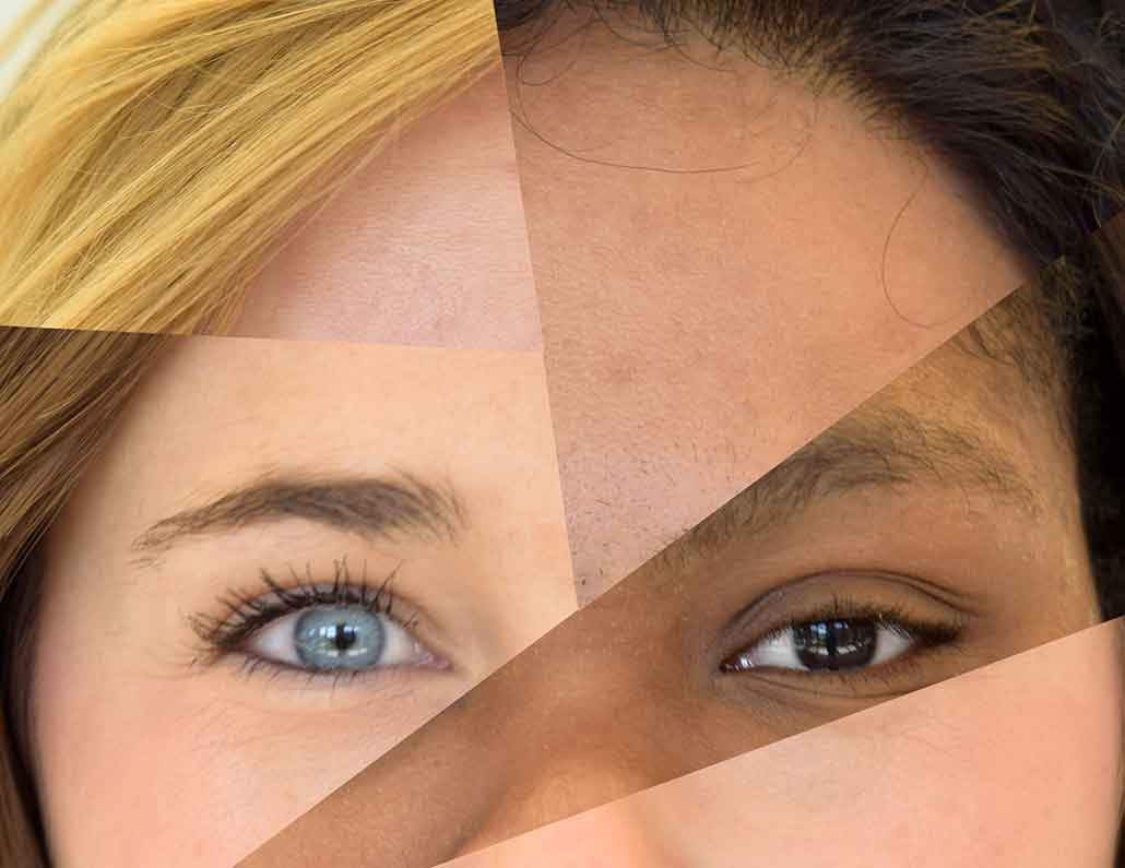 a composite image showing a human face from the nose up. Various skin tones, blue and brown eyes, and various hair colors and textures are part of the composite.