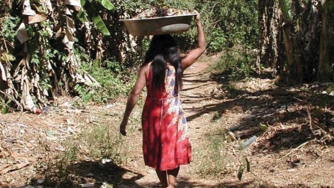 An Amazonian woman walks away from the camera while holding a large basket on her head.