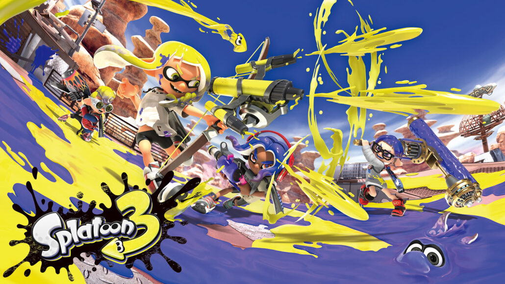 an illustration of Splatoon 3 gameplay, with two yellow characters and two purple characters engaged in a squid-ink-flinging fight