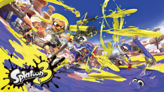 an illustration of Splatoon 3 gameplay, with two yellow characters and two purple characters engaged in a squid-ink-flinging fight