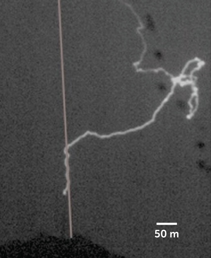 A high-speed camera image of a tangled lightning bolt curving toward and then down a lightning rod