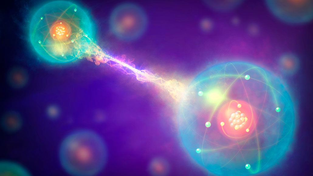 A thin band of energy connects two entangled atoms