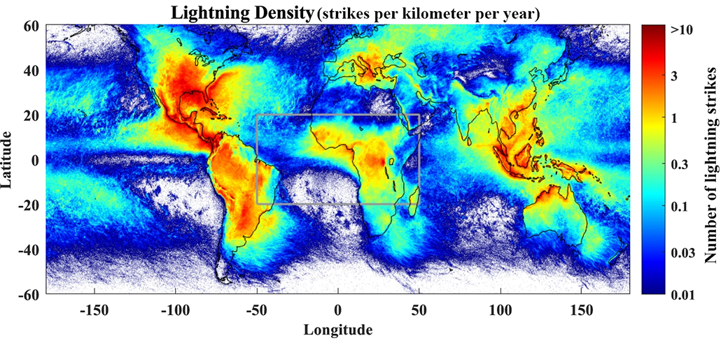 a heatmap or the world showing density of lightning strikes in different areas