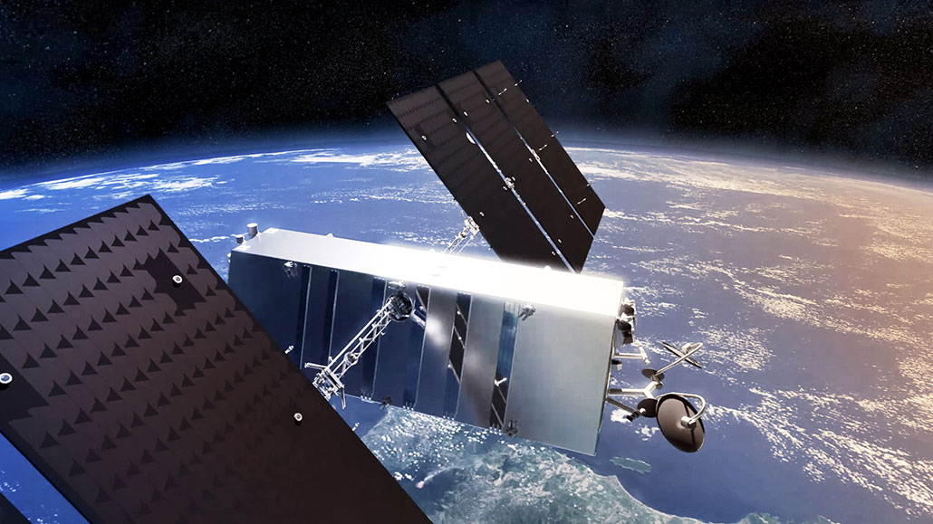a computer illustration of a satellite in orbit above Earth