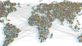 an illustration showing thousands of people standing in the same general shape as a map of the world. There are gray lines connecting people to each other