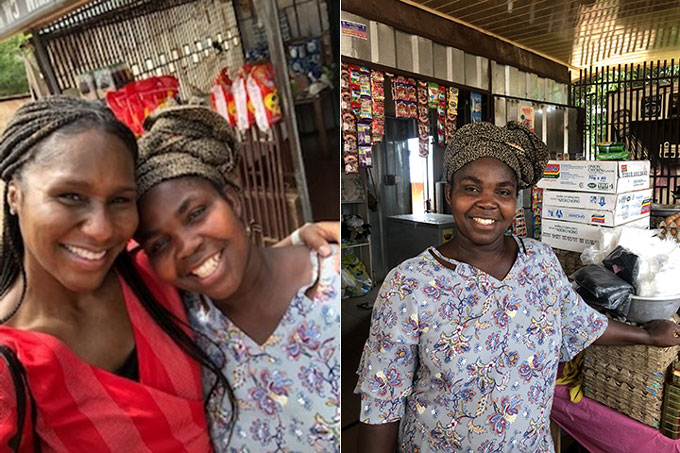 a picture of Vickie Robinson a Black woman with cornrows hugging a happy Ghanan shopkeeper, and an image of the shopkeeper in her shop on the right