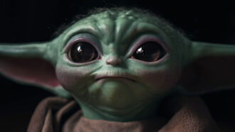 Grogu, or Baby Yoda, is a green alien with large, pointy ears and big, black eyes