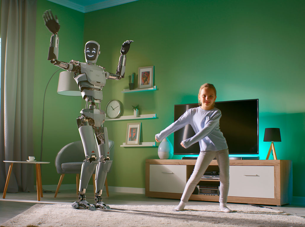 a computer generated robot friend dances with a young human girl in a living room. The girl is smiling and doing the floss dance.
