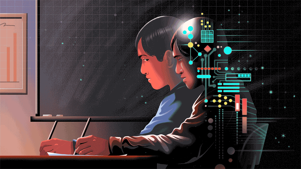 a side profile of a young man sitting in a classroom taking notes at a desk. He is looking at another young man next to him, who is also writing. Overlaid over the second student are animations suggesting computing, algorithms and artificial intelligence
