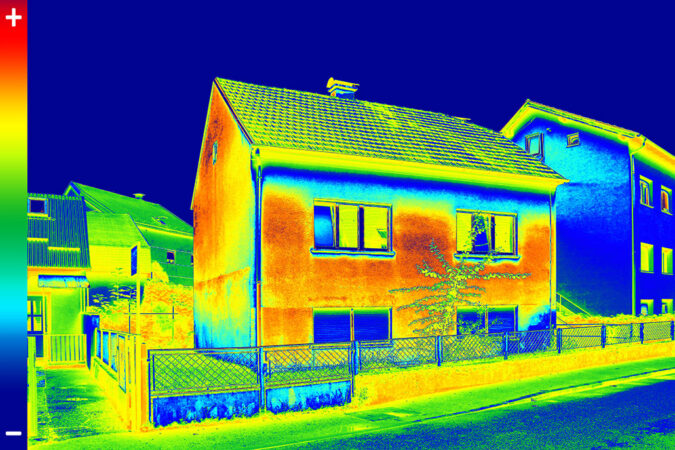 an infrared image of a house, showing where heat is lost in areas around windows and doors