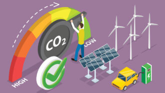 a cartoon man is trying to turn the dial on a giant CO2 meter from high to low, behind him are illsutrations of solar panels, wind turbines and an electric car