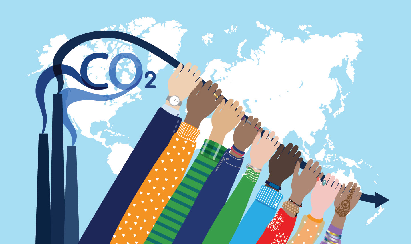 an illustration of a map of the world. On the left in front of the map are factory smokestacks releasing CO2. From the left to the right nine different hands (in varying skin tones and clothing) are ing up to pull the emission plume (which is also an emmissions graph curve) down to lower levels