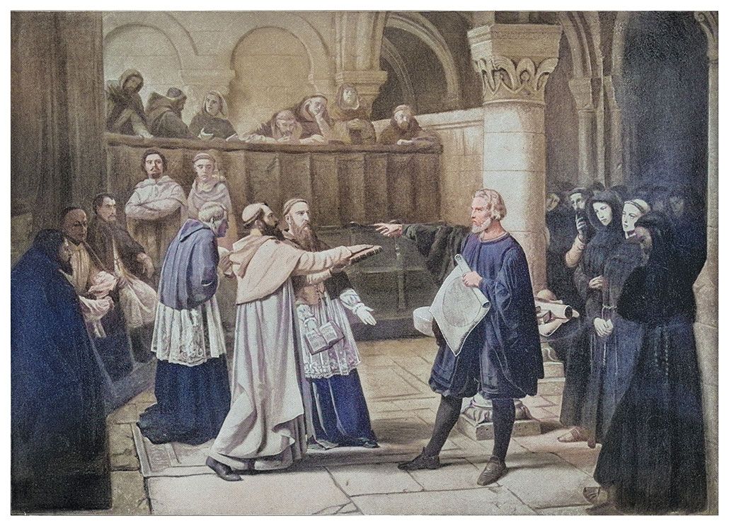 A digitally restored engraving of Galileo being questioned by leaders of the Catholic Church 
