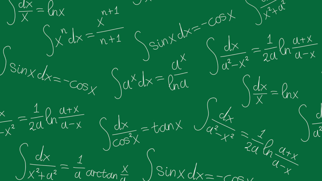 an illustration of a green chalkboard is covered in derivative and integral equations