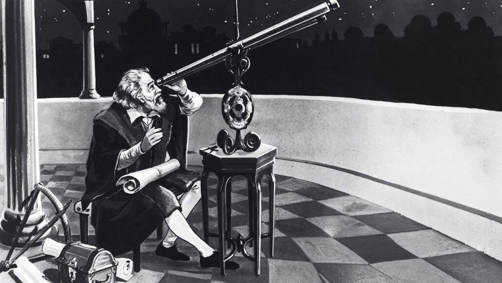 a black and white print showing Galileo, an older light-skinned man with a beard, peering through a telescope at the night sky. He is outside on a terrace, sitting in a chair with scrolls of paper and other astronomical instruments scattered nearby.