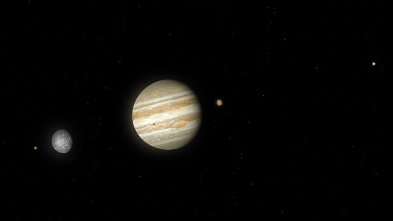 an illustrationshowing Jupiter and it's four biggest moons