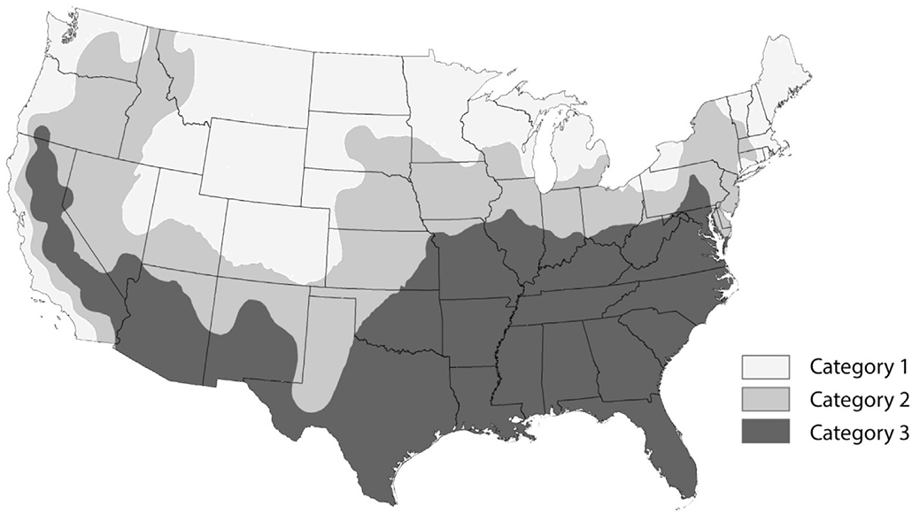a grayscale map of the United States showing the locations of category 1, 2 and 3