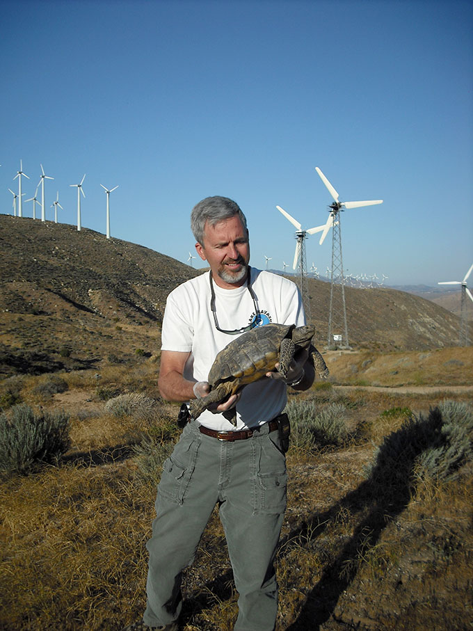 a smiling man is holding a large desert tortoise in a desert. There are wind turbines on small hills behind him.