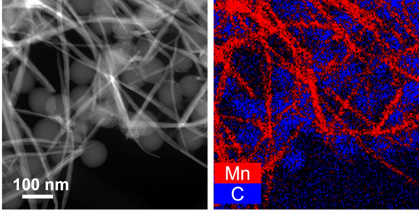 left: a black and white image shows a glowing threadlike tangle, several hundred nanometers across. right: a red and blue image of the same tangle, with red threads labeled "Mn" and blue labeled "C"