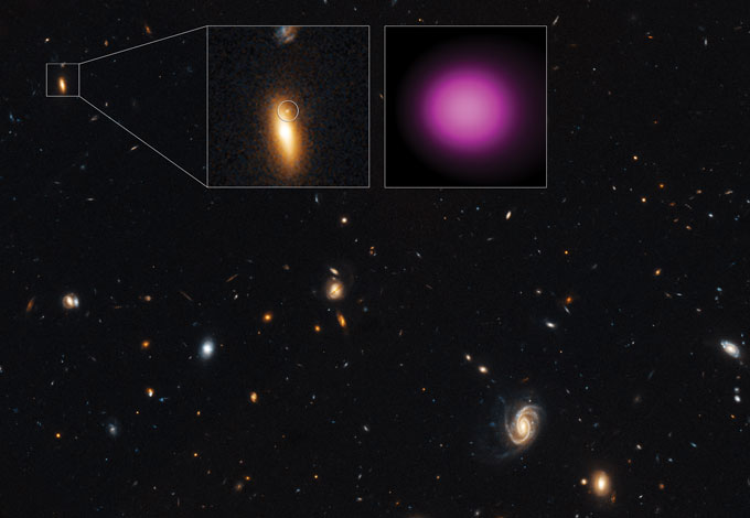 image of a faraway galaxy with two insets showing a closer view of the galaxy itself and pink x-ray light come from its edge