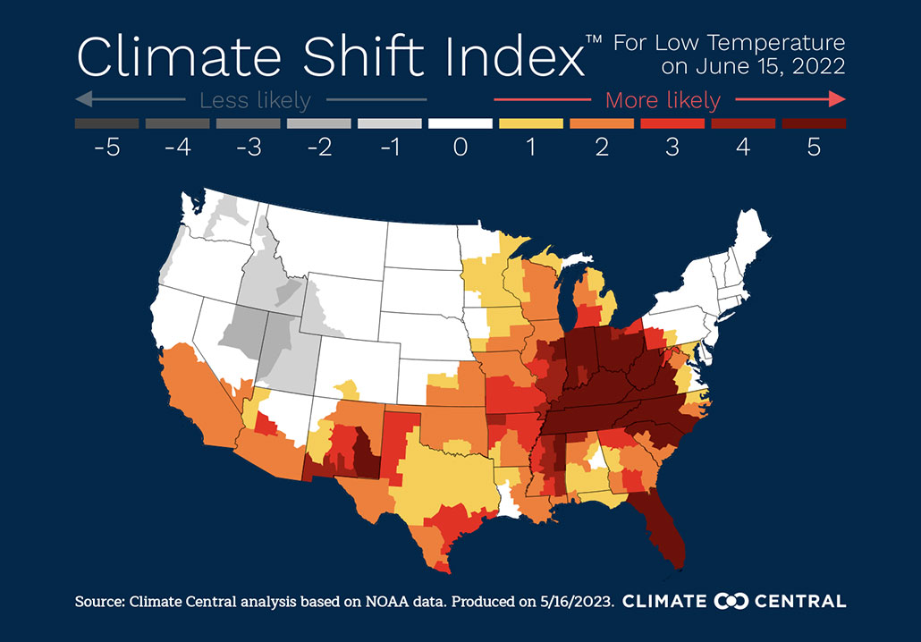 a map showing how much more likely unsusually warm temperatures were for Ohio last June 15