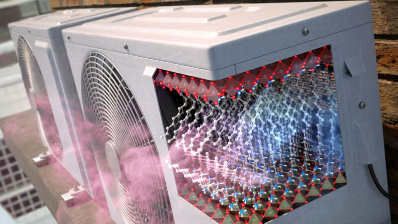 an image showing a cross section of an air conditioner, illustrating the barocaloric materials inside.