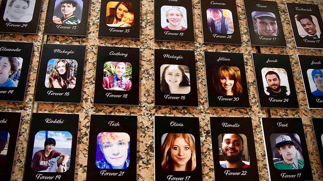 a wall covered in black framed photos of young people who died from fentanyl overdoses. There are at least 15 photos in the frame