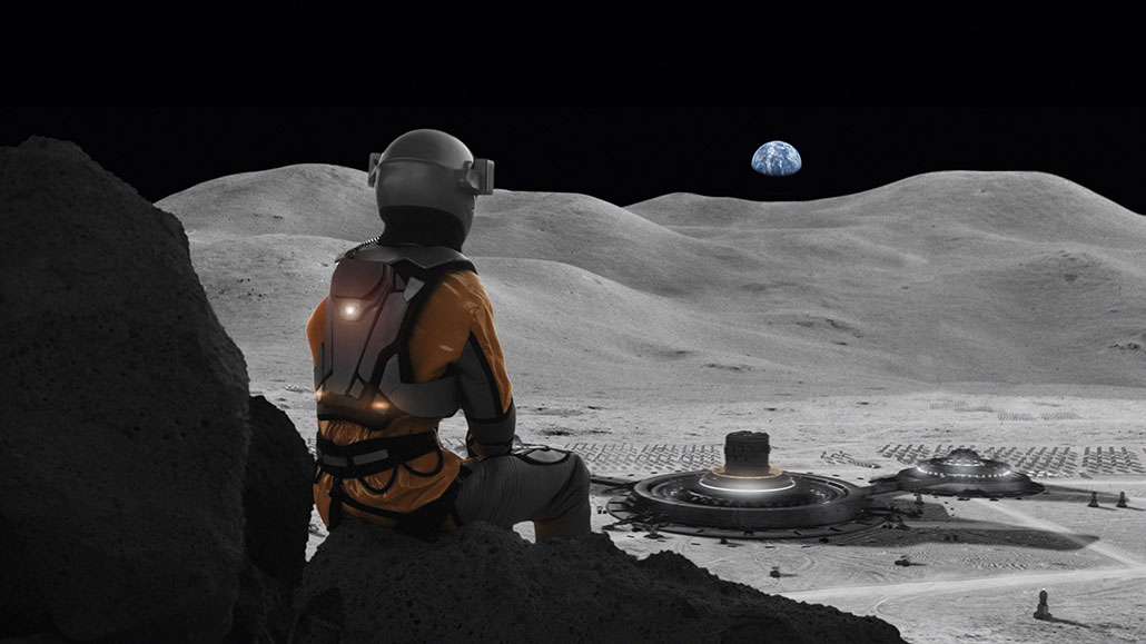 Uma ilustração de um astronauta em um traje espacial sentado em uma rocha com vista para uma paisagem lunar.  No vale abaixo há uma colônia lunar.