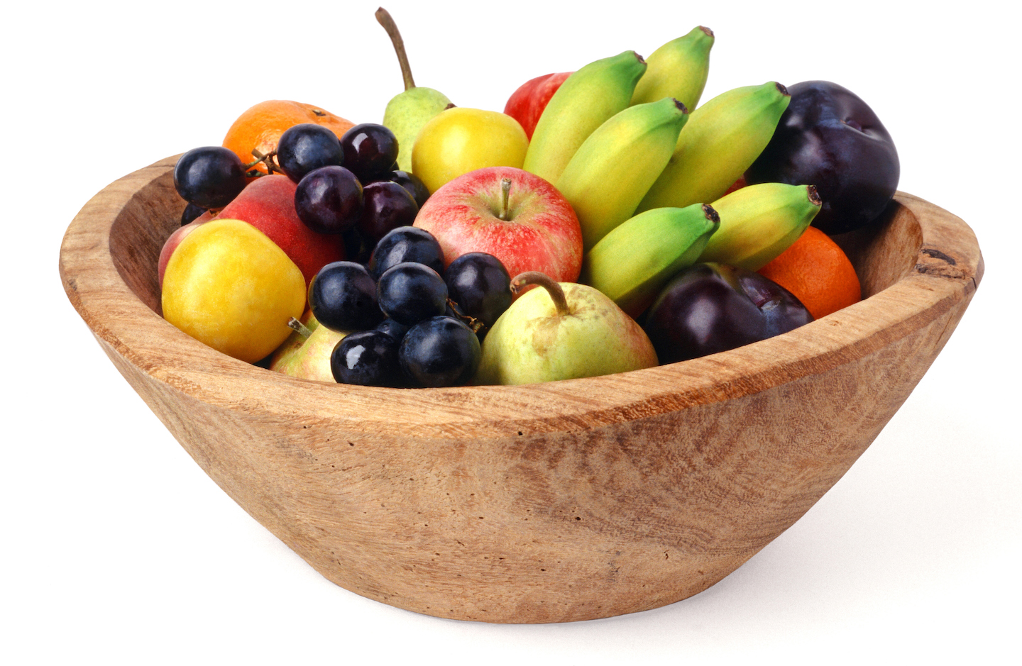 Wooden fruit bowl isolated over white background