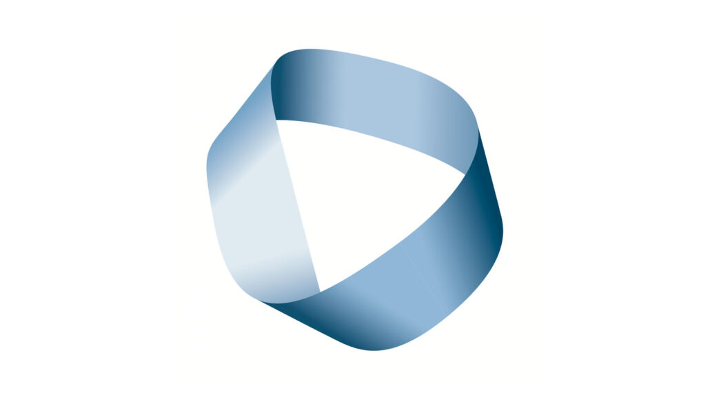 a light blue strip is twisted in the shape of a Mobius strip against a white background
