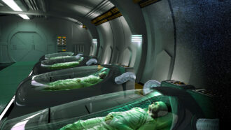 a computer illustrated image showing people sleeping in hibernation pods on a spaceship