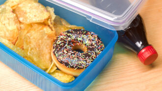 a tupperware container on a table is full of chips and a chocolate-iced donut and a bottle of soda lays beside it