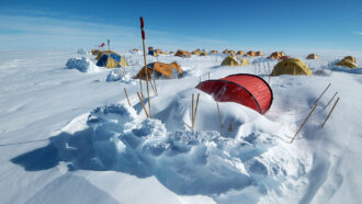 A photo of snow field dotted with many small tents. There are stakes around each tent to show the location in case of a large amount of snowfall.
