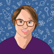 This is a drawing of Lillian Steenblik Hwang a white female with blue eyes wearing glasses and smiling. Behind her are a bunch of scientific symbols on a blue background.