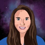 This is a drawing of Maria Temming a white female with blue eyes and smiling. Behind her is a space-themed background.